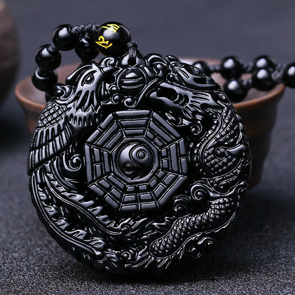 Natural Obsidian Carved Chinese Dragon Phoenix BaGua Lucky Pendant free Necklace 