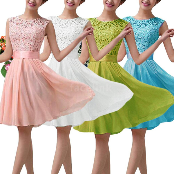 New Fashion Women Summer Chiffon Lace Dress Sleeveless O Neck Solid ...
