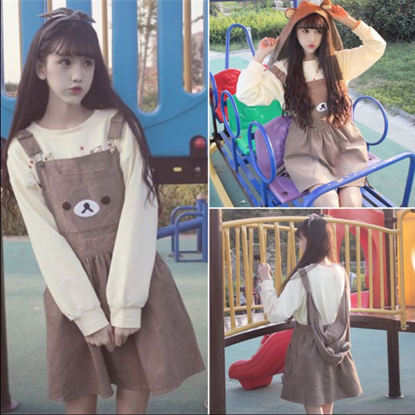 Kawaii Rilakkuma Dress Cute Bear Embroidery Lolita Overall Hat Girl's  Fashion