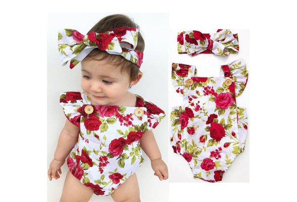 Baby Headband Girl Jumpsuit Newborn Romper Outfit Infant Floral Bodysuit Clothes