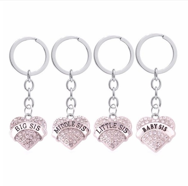 Family Key Chain Rings Set Pink Crystal Big Middle Little Sister Key Ring 4pcs ! 