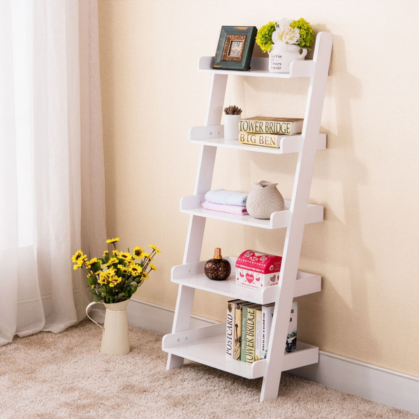 Wood White 5 Tier Bookshelf Leaning, 5 Tier Leaning Wall Bookcase Shelf In White
