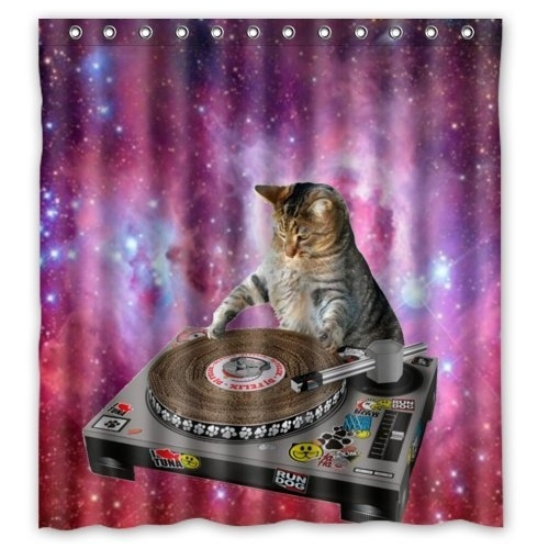 Cool Galaxy DJ Cat Funny Animal Pet Design Mildew Proof Polyester Fabric  Shower Curtain with Rings 66 x 72