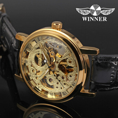 WINNER Uhren Herren Low Preis Qualität Mechanische Uhr Herren-Armbanduhr Luxus-Marke Lederband Gold Skelettuhr