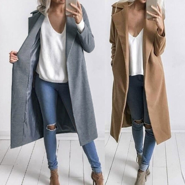 Frauen Winter Warm Revers Langer Mantel Graben Parka Jacke Overcoat Outwear Damen Wasserfall Wish