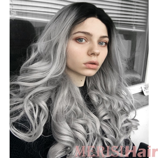 Fashion s Women Wig Ombre Long Curly Hair Wigs Black Fake Gray Synthetic Wig for Women Color Gray Blue Red