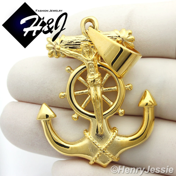 MEN's Stainless Steel Gold Anchor JESUS 