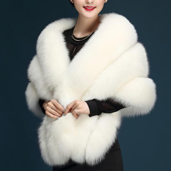 Hotmiss Women Luxury Faux Fur Coat Jackets Wrap Cape Shawl for Bridal Wedding Party