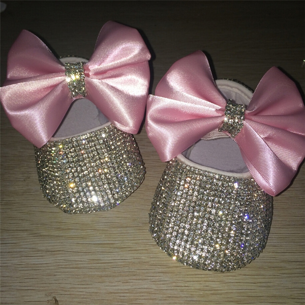 Dollbling AB Crystal Sparkle Bling White Ribbon Bow Handmade Newborn Princess Baby Girl Shoes