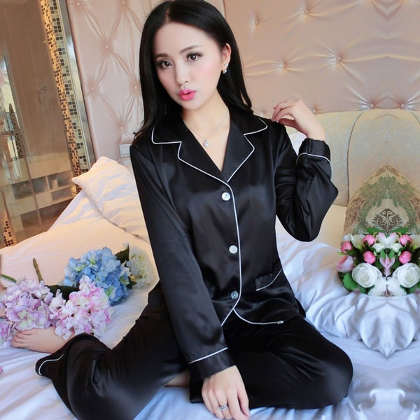 Silk Satin Pajama Set Women Long Sleeve Sleepwear Homewear