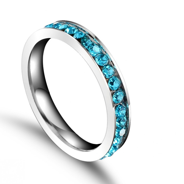 3mm Stackable Stainless Steel Eternity Band Ring Sky Blue CZ Inlay