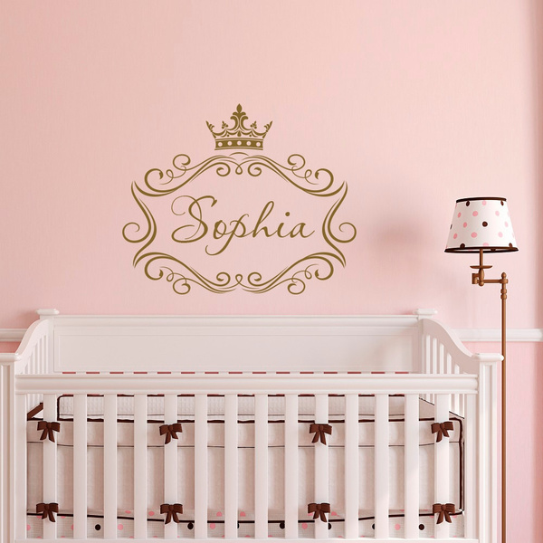 Name Vinyl Wall Decal Girl Personalized Princess Crown Frame Custom Nursery Kids Baby Girls Room Bedroom Decor Gifts Wish - Crown Wall Decal With Name