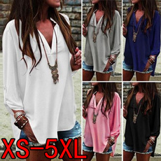 Women's Fashion Summer Solid Color V-neck Long Sleeve Shirt Loose Chiffon Tops Plus Size XS-5XL