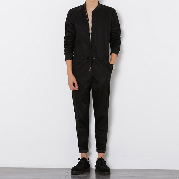 Fashion Mens Black Long Sleeve Zip Up Jumpsuit Playsuit Overalls Streetwear  Boilersuit One Piece Workwear