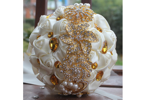 18CM Luxury Ivory Silk Rose Wedding Flowers Crystal Brooch Bridal Holding  Flowers Tassel Full Diamond Stitch Wedding Bouquets235n