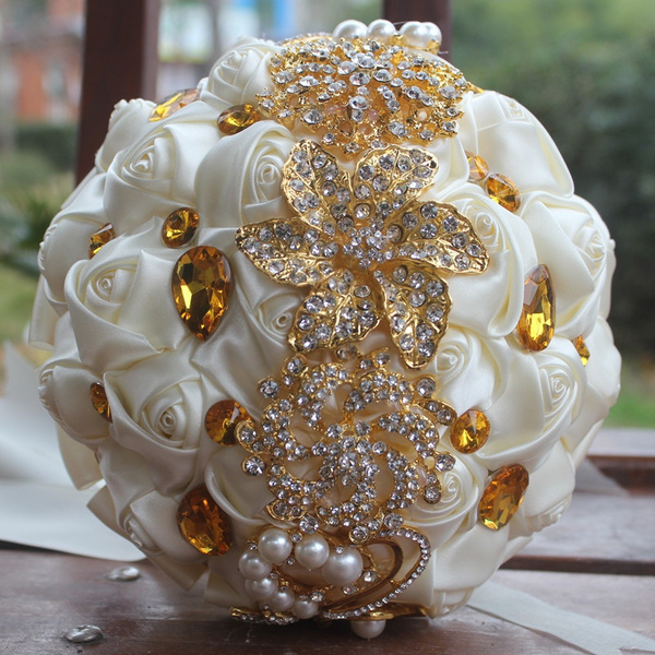 18CM Gold Rhinestones Brooches Bridal Holding Flower Ivory Silk Rose  Wedding Bridal Bouquets Gold Crystal Wedding Bouquet Artificial Flower  Bridesmaid Bouquets