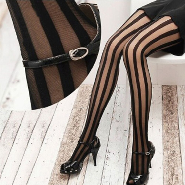 Black & White Vertical Stripe Thigh High Stockings