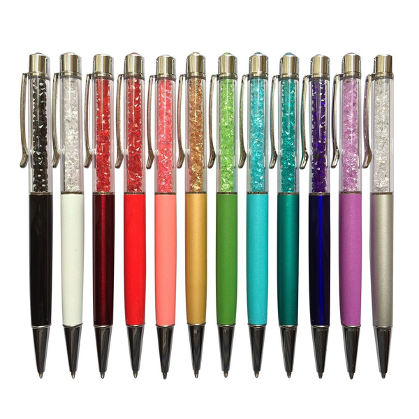 12pcs Big Ballpoint Pens Diamond Rhinestones Crystal Metal Black Ink Colors New 