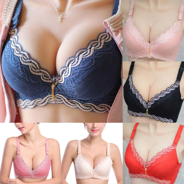 Female Underwear Small Breast Push Up Bra Deep V Thick Padded Lace Bras 6A 