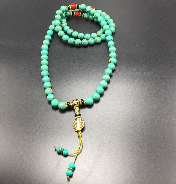 Tibetan turquoise buddhist buddha worry prayer bead mala Necklace 