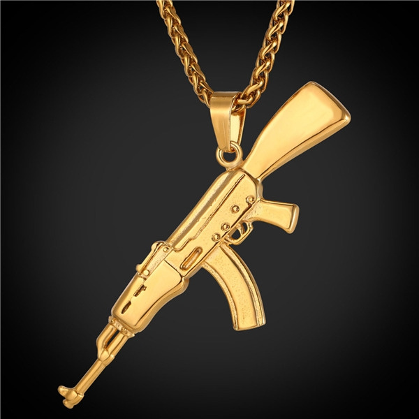 Hip-Hop Bling Iced Silver Tone CZ AK-47 Pendant Necklace Free 24