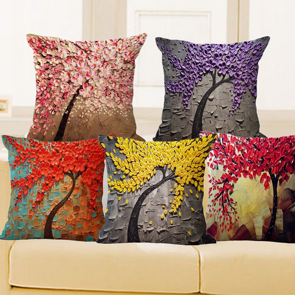 Cushion Cover Vintage 3D Flower Tree Pillow Case Cherry Blossom Home Decorative 