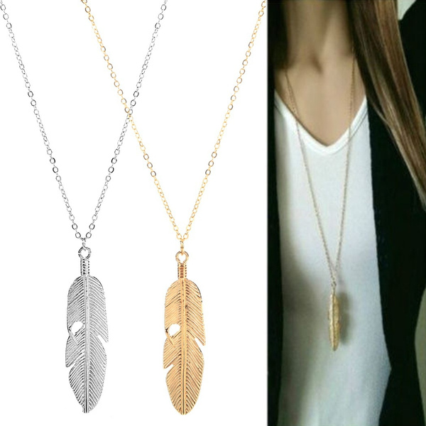 Women Feather Pendant Long Chain Necklace Sweater Statement Vintage Jewelry Women Feather Pendant Long Chain Necklace Sweater Statement Vintage Jewelry