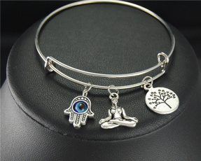 Tibetan Silver Hamsa Hand Yoga Tree Charm Expandable Adjustable Wire Wrapped Bangle Bracelet Jewelry Gift E452