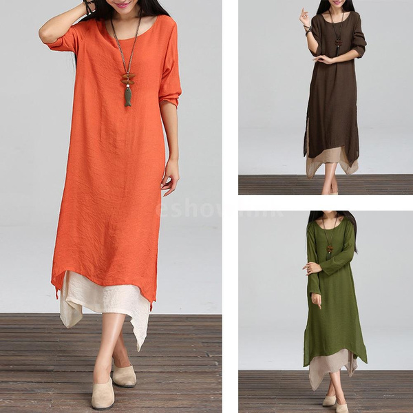 Plus Size Women Cotton Linen Vintage Dress Contrast Double Layer Casual ...