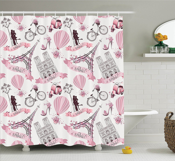 Paris Shower Curtain Pink Home Decor Paris Symbols Travel In Eiffel Honeymoon Flowers Romance Hot Air Balloon And Bike Image Polyester Fabric Bathroom Set With Hooks 69inch X 72inch And 3 Sizes