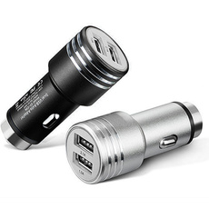 Car Charger Stainless Steel Dual-Port 2.1A  USB Car Charger Cigarette Charger As Safety Hammer