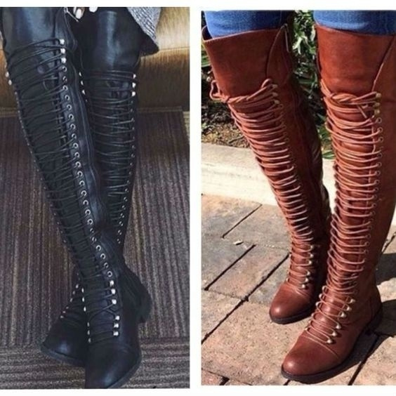 Ladies Thigh High Boots Womens Lace Up Over The Knee Low Heel Flats Shoes  Size
