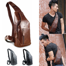 Men Genuine Leather Business Casual Chest Bag Brown Black Grey Shoulder Crossbody Bag