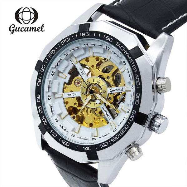 Gucamel G043 Male Auto Mechanical Watch Luminous Genuine Leather Band Wristwatch