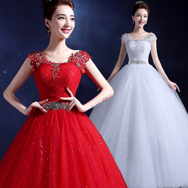Elegant white (or red) wedding ball gown lace applique dress asymmetrical  ruffle detail