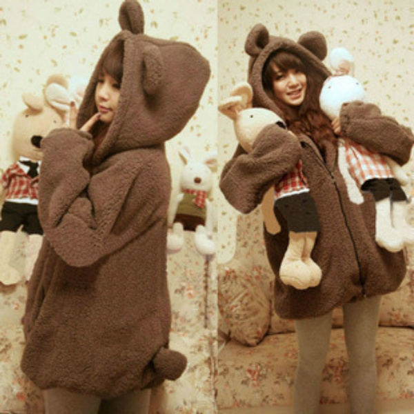 Women Teddy Bear Ear Coat Hoodie Hooded Outerwear Coffee Wish