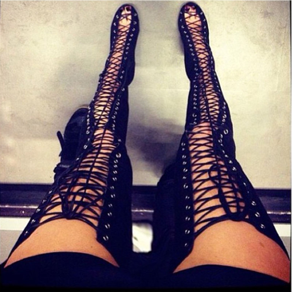 Black lace outlet up thigh heels