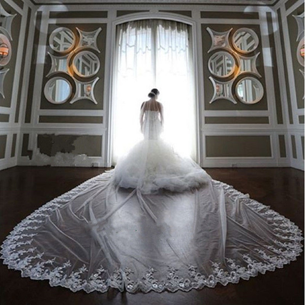 5m 4m 3m Long Wedding Bridal Veils Lace Appiques Edge 1 T Tulle Cathedral  Veil with Comb Ivory Luxury Velo De Novia Voile Mariee