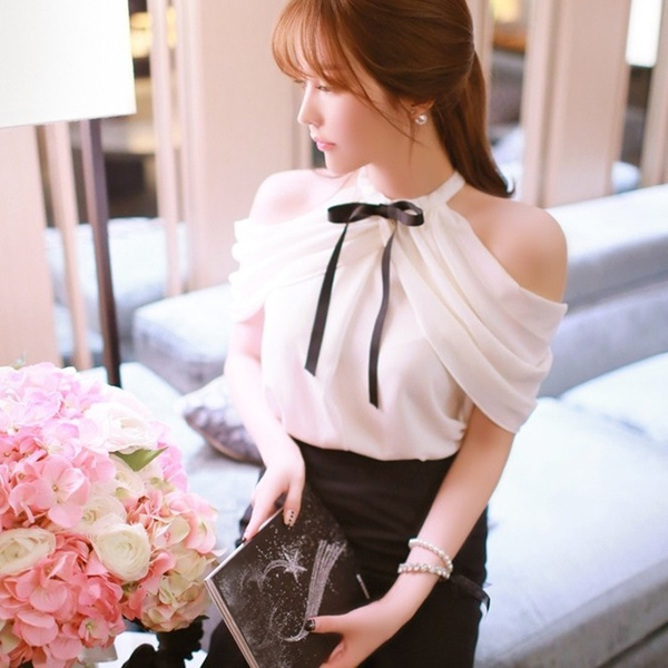 white chiffon off the shoulder top