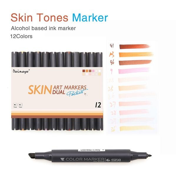  12 Colors Sketch Skin Tones Marker Pen Artist Double