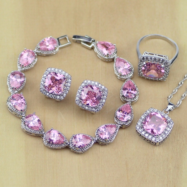 Square Pink Topaz 925 Sterling Silver Jewelry Sets For Women