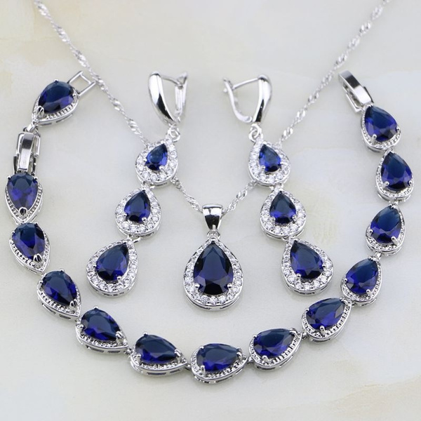 White Topaz Blue Sapphire  925 Silver Necklace Pendant Earrings Ring Bracelet 
