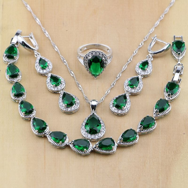 Beautiful GREEN EMERALD  Set 925 Silver Necklace Pendant Earrings Ring