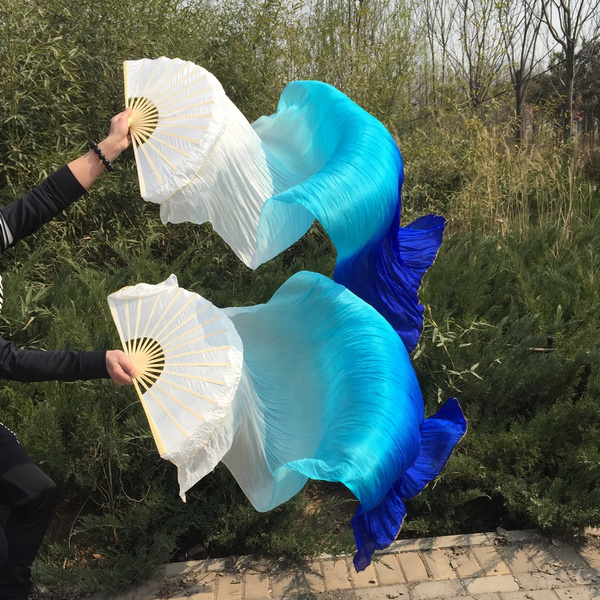 belly dance Fan Veils colorful 100% silk fan Veil 3 colors  White/Turquoise/Blue