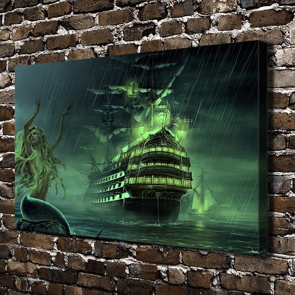 Print Art Oil Painting Mermaid and Pirate Ship Home Wall Decor on