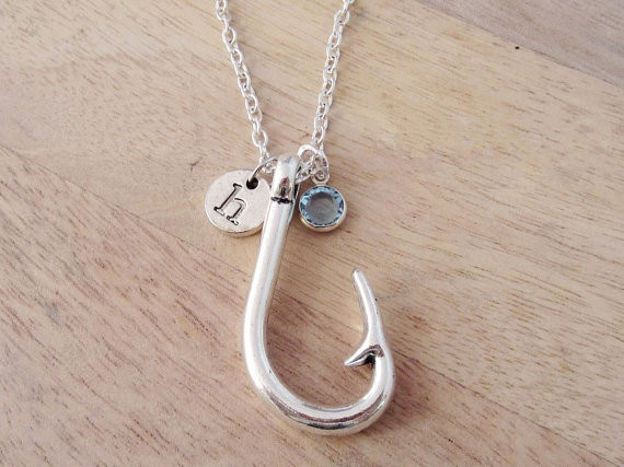 Fishing Hook Necklace - Antique Silver Fishing Necklace - Monogram  Personalized Initial and Birthstone