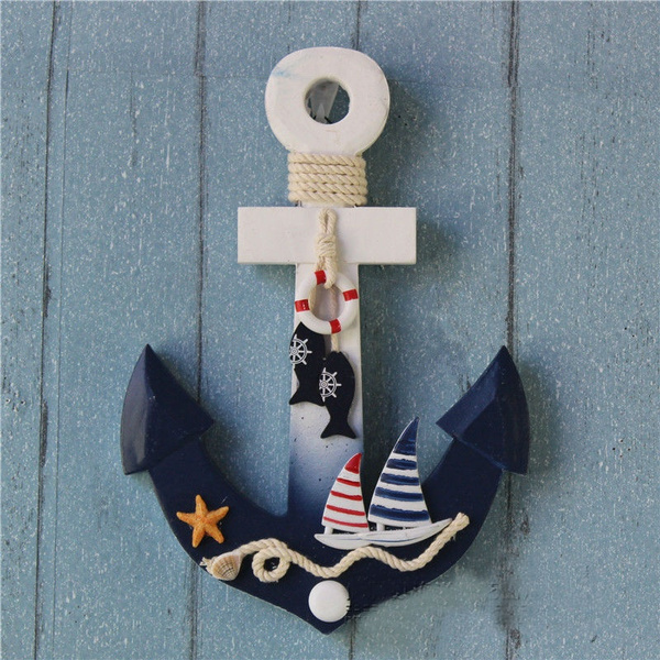 Mediterranean Style Wooden Wall Hooks Anchors Star fish Decor Living