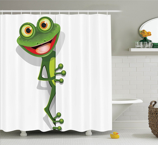 Cartoon Shower Curtain, Jolly Frog With Greater Eye Lizard Gecko