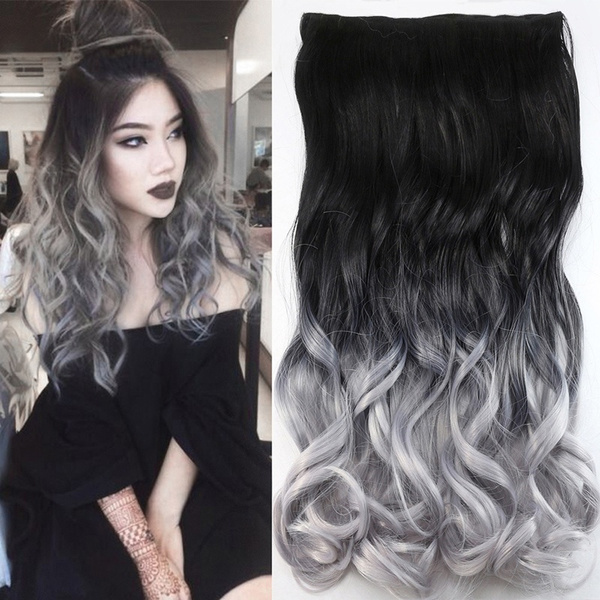 Fashion 24inch 60cm Black Silver Grey Lady Women Hairpieces Wavy