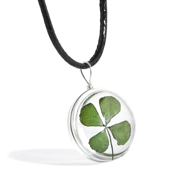 Real Green Lucky Shamrock Four Leaf Clover Round Pendant Necklace ...